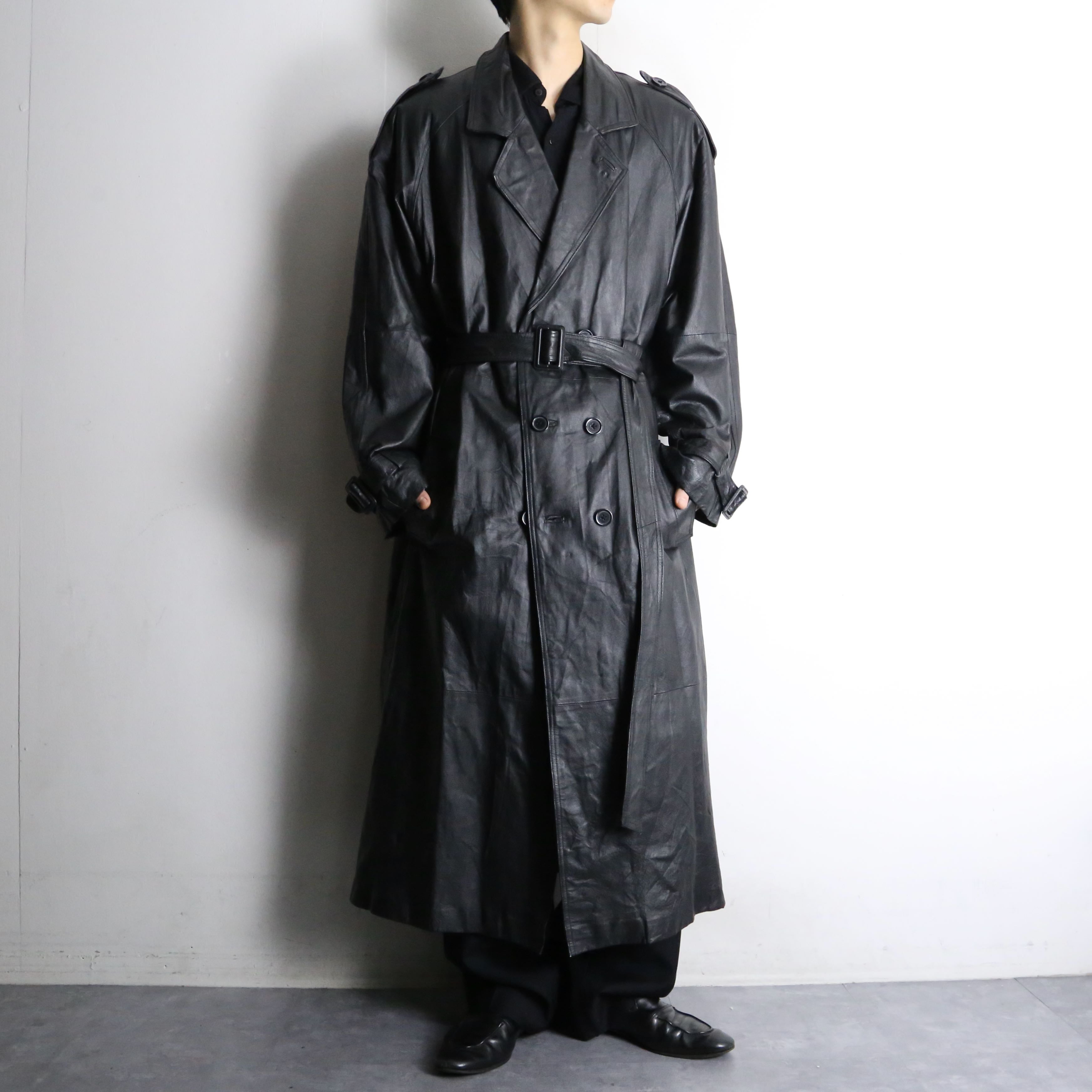 ブラックレザー トレンチコート ダブルブレスト メンズ ブラックレザートレンチコート：ダブルブレストゴシック