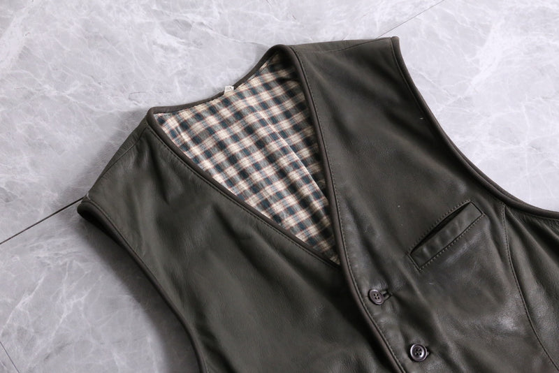 khaki inner check design leather vest