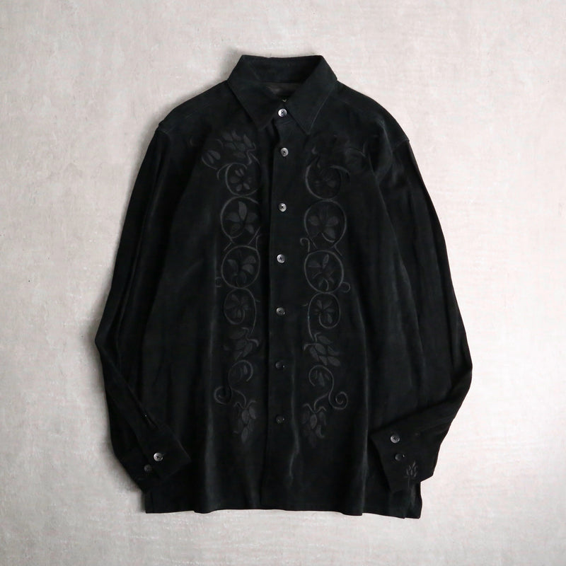 leaf embroidery black suede shirt jacket