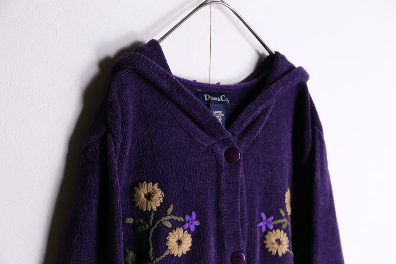 “DENIM &CO”purple flower embroidery hoodie cardigan