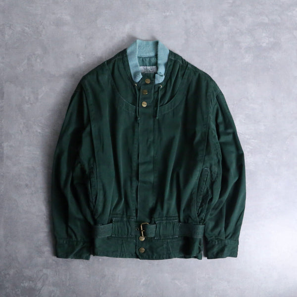 "80-90's MARITHE + FRANCOIS GIRBAUD" green color neck knit design belted zip blouson