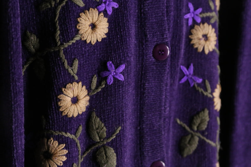 “DENIM &CO”purple flower embroidery hoodie cardigan