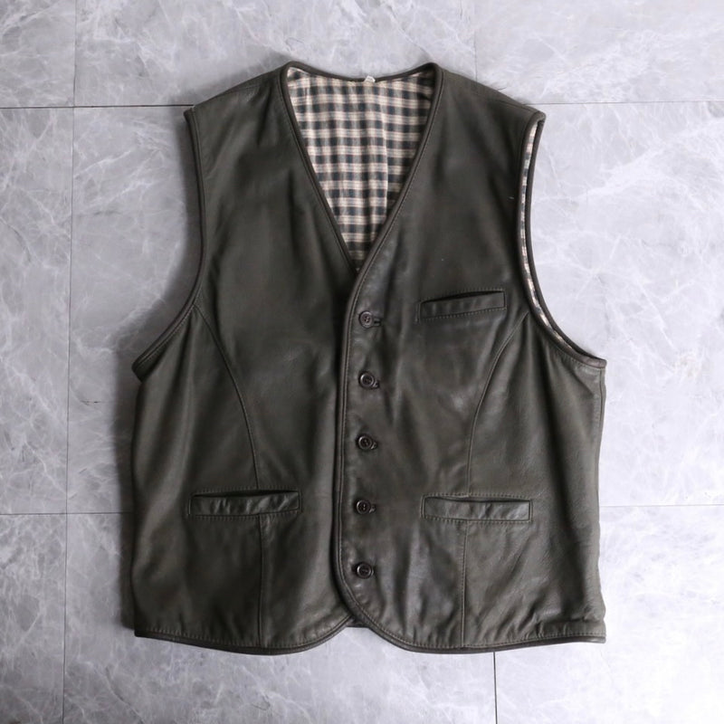 khaki inner check design leather vest