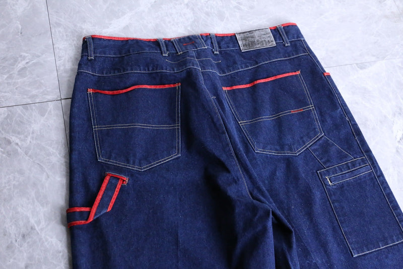 indigo blue red piping baggy painter pants