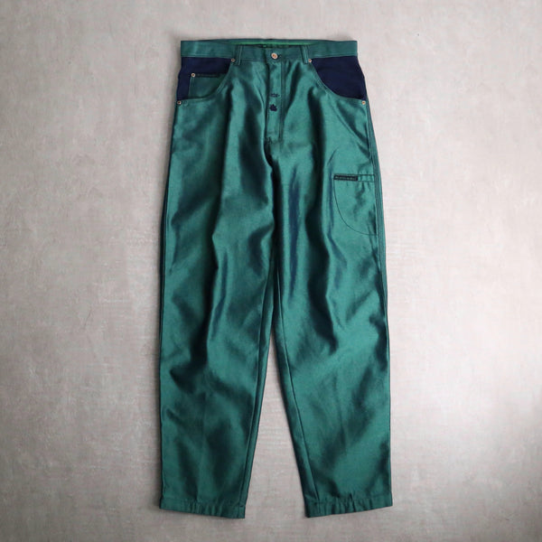 metallic green wide tapered  denim pants