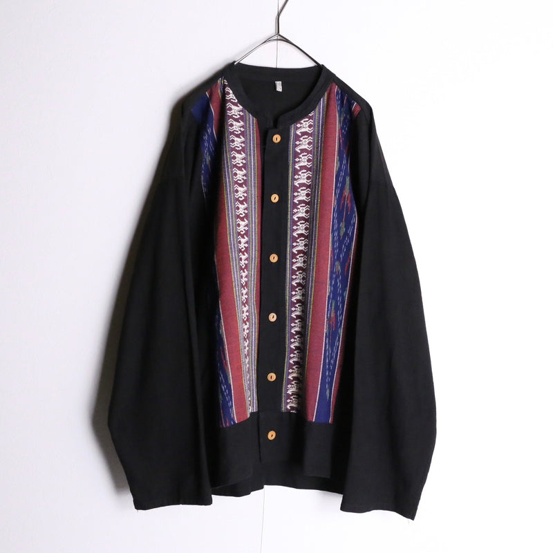 ethnic pattern band collar shirt