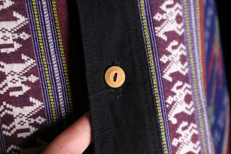 ethnic pattern band collar shirt