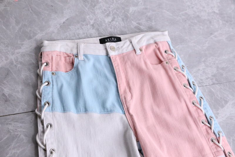 pastel color patchwork pattern lace-up pants