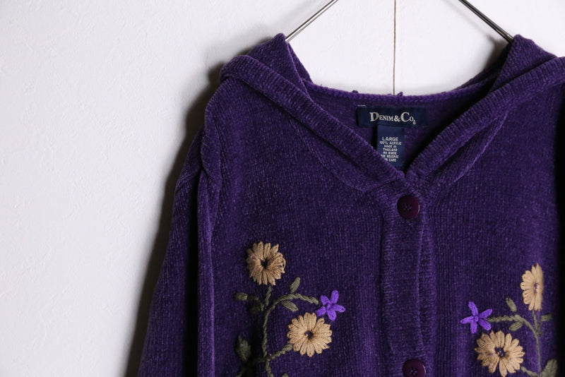 “DENIM &CO”purple flower embroidery hoodie cardigan