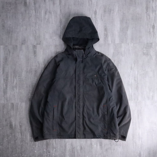 00's "TOMMY HILFIGER" black smooth fabric zip hoodie jacket
