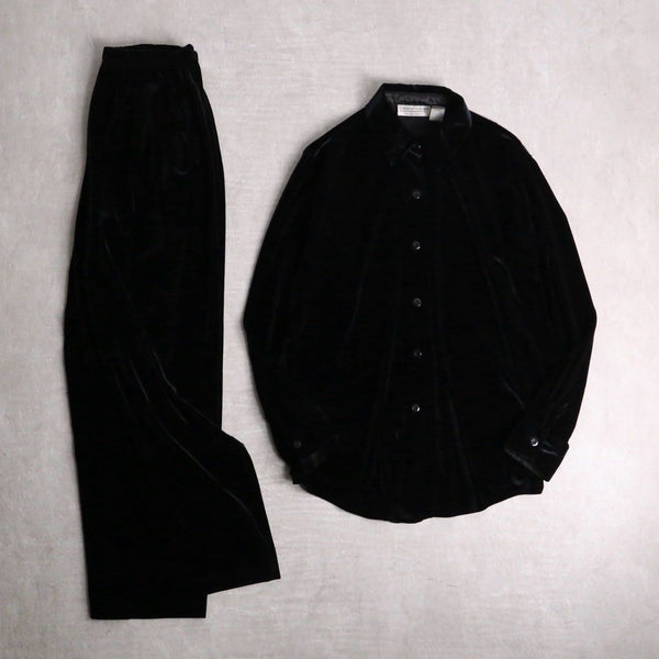 1990s 2piece black velour shirt set up