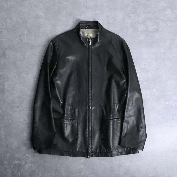 lamb skin black stand collar leather jacket