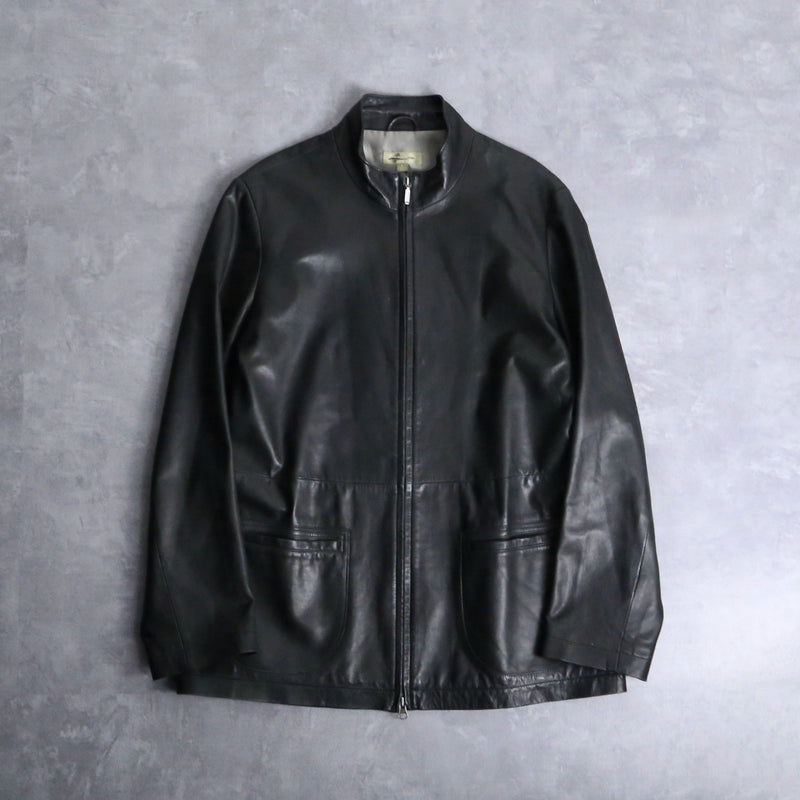 lamb skin black stand collar leather jacket