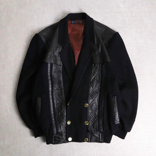 black color leather × knit combi double breasted jacket