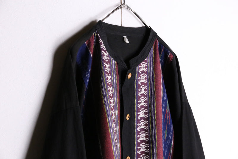 ethnic pattern band collar shirt