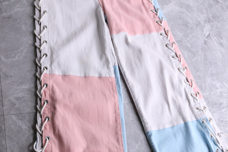 pastel color patchwork pattern lace-up pants