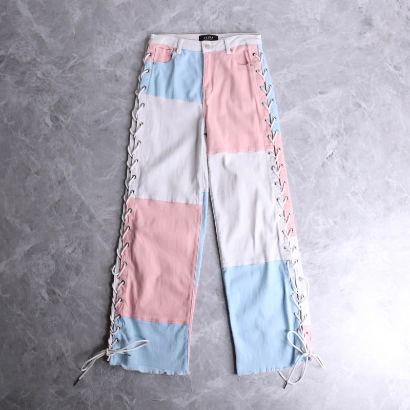 pastel color patchwork pattern lace-up pants