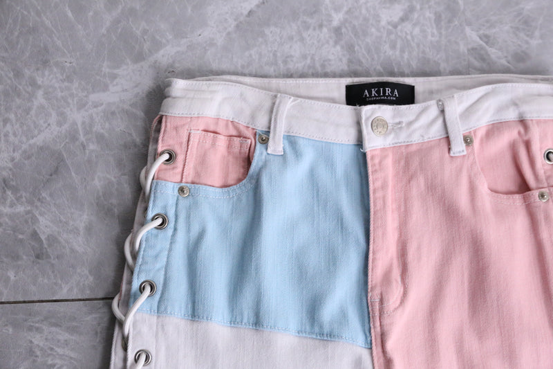 pastel color patchwork pattern lace-up pants