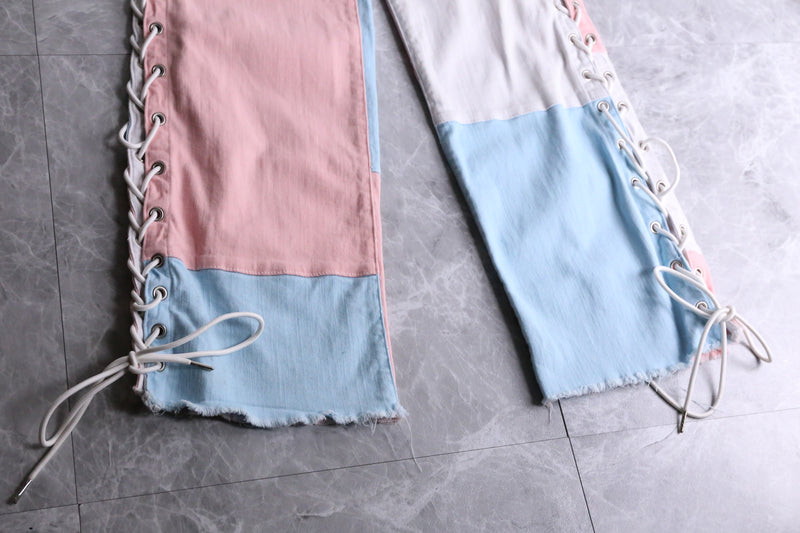 pastel color patchwork pattern lace-up pants