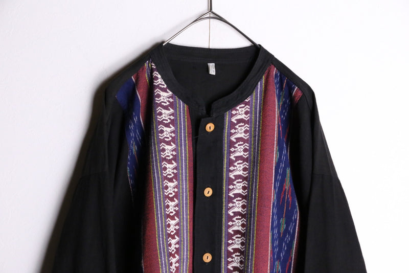 ethnic pattern band collar shirt