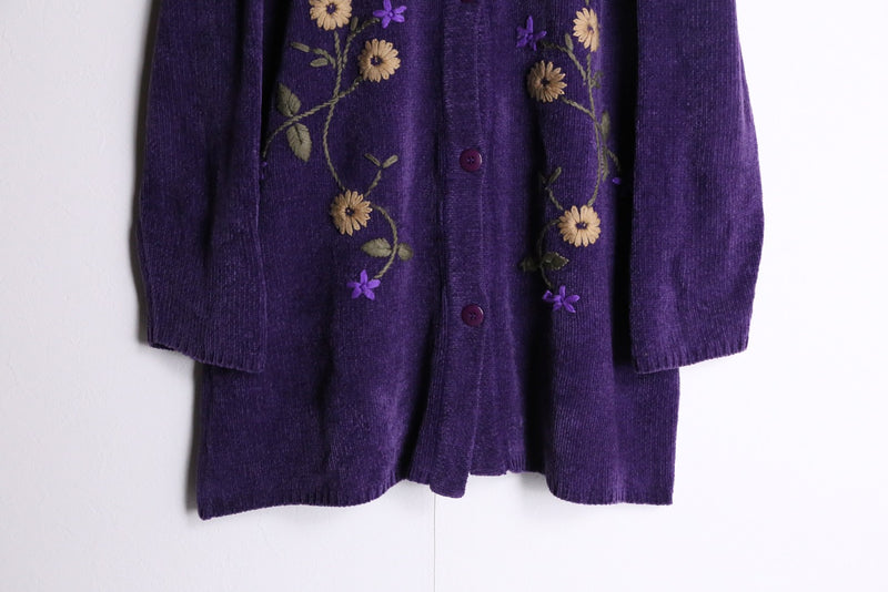 “DENIM &CO”purple flower embroidery hoodie cardigan