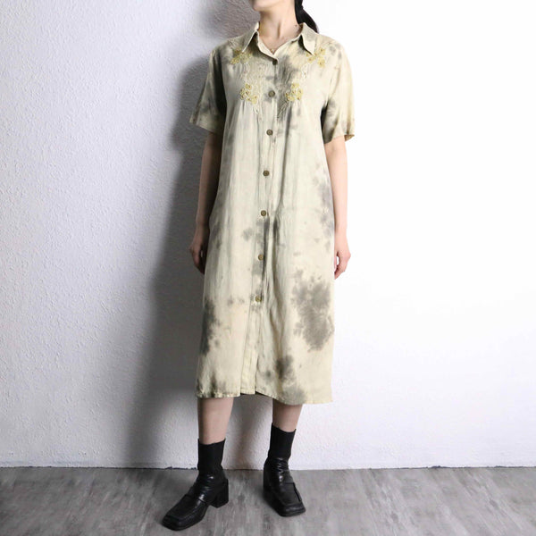 beige tie dye botanical design shirt one-piece