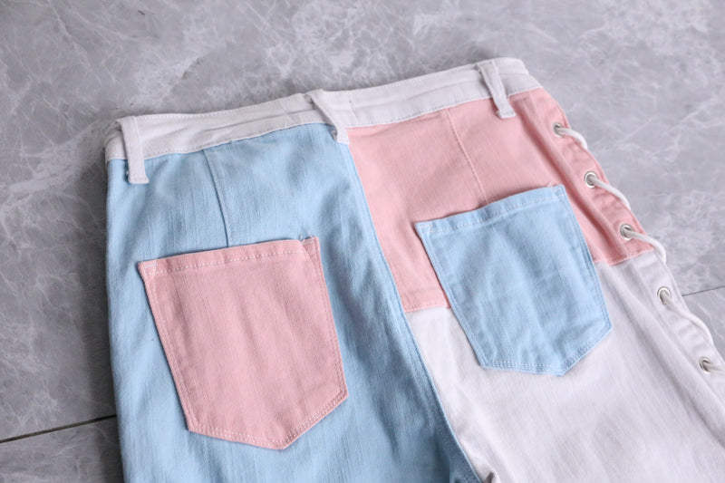 pastel color patchwork pattern lace-up pants