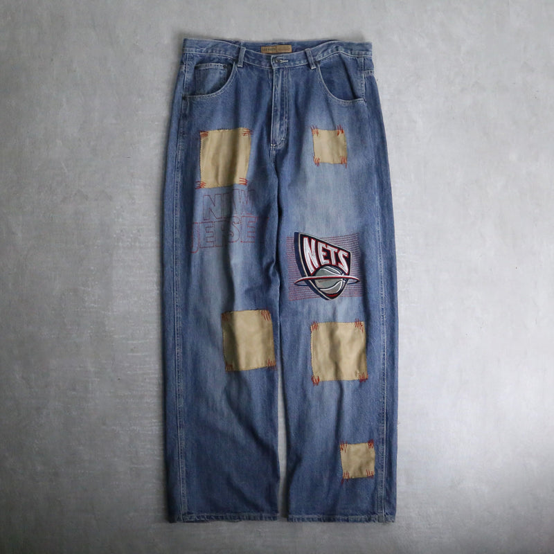 "NBA" embroidery patch blue wide denim pants