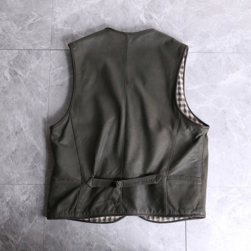 khaki inner check design leather vest