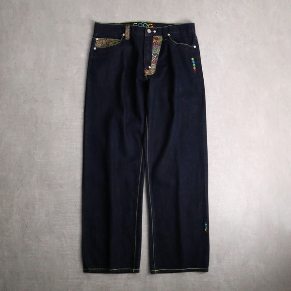 “COOGI” indigo embroidery designs wide denim pants