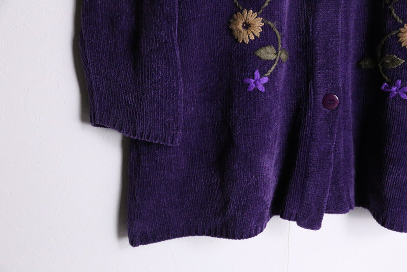 “DENIM &CO”purple flower embroidery hoodie cardigan