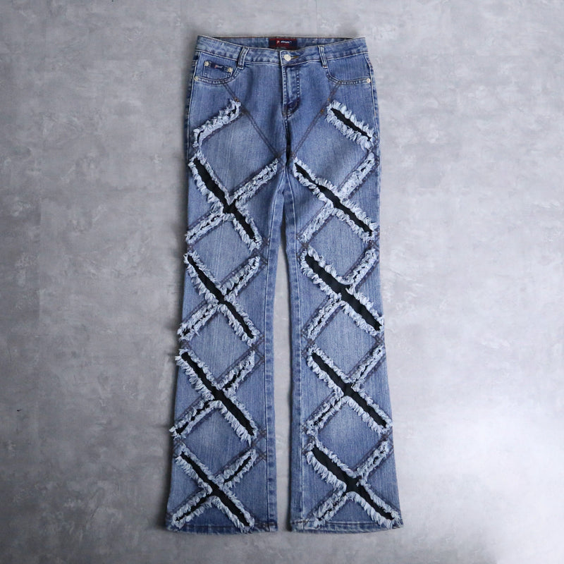 "X" damage fringes flare denim