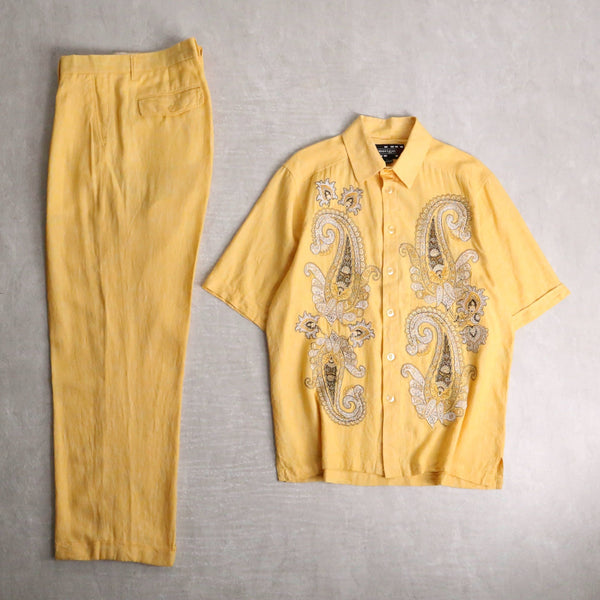 paisley embroidery yellow linen shirt set up