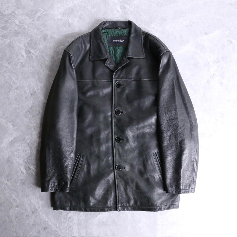 black leather middle length jacket