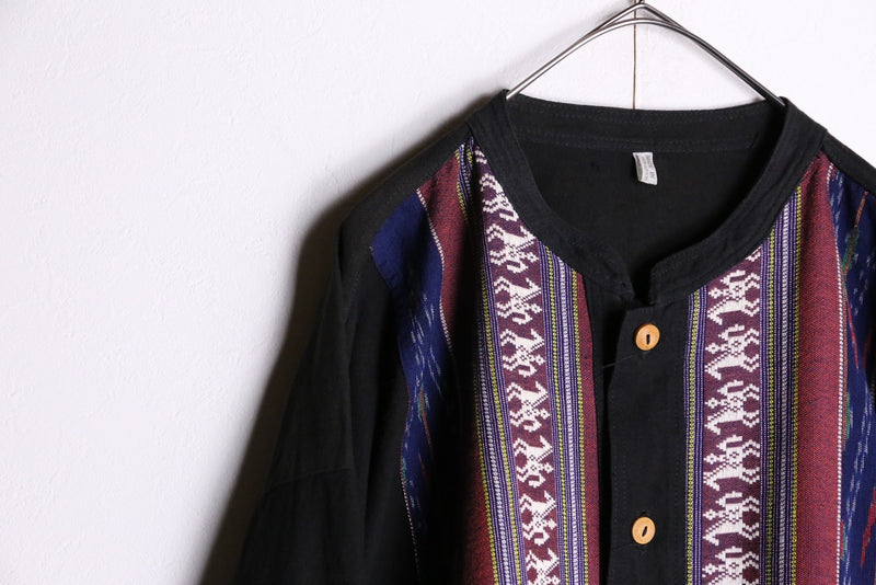 ethnic pattern band collar shirt