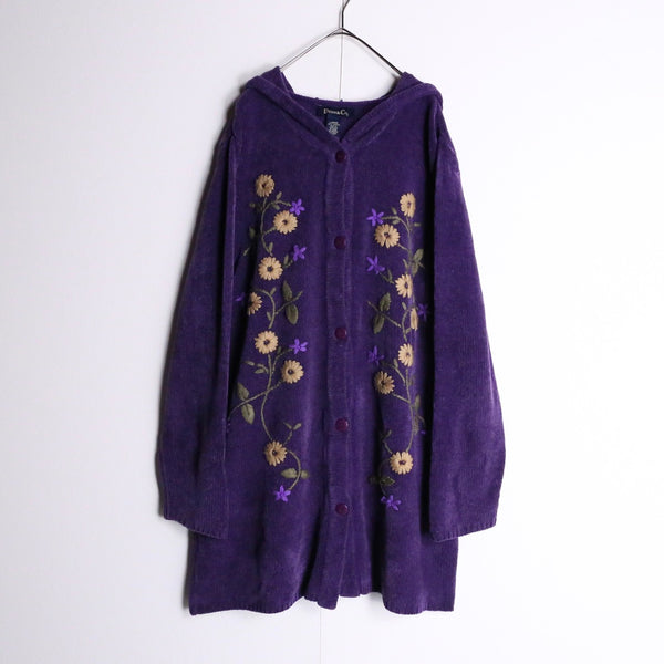 “DENIM &CO”purple flower embroidery hoodie cardigan
