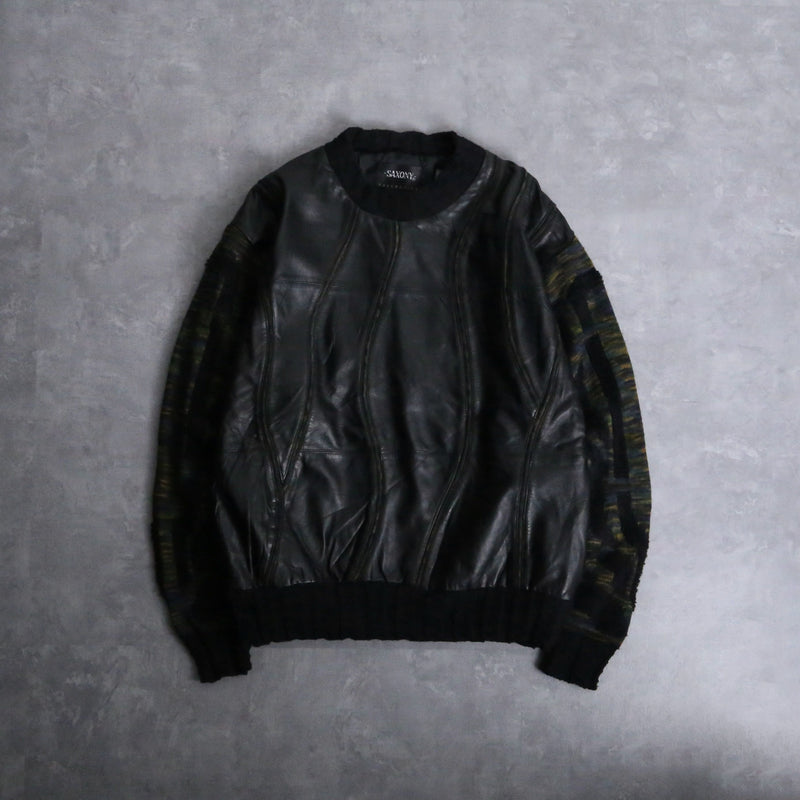 1990s SAXONY leather combi knit pull