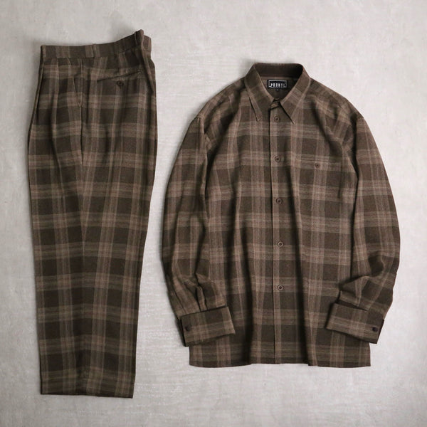 “PRONTI” brown check loose shirt set up