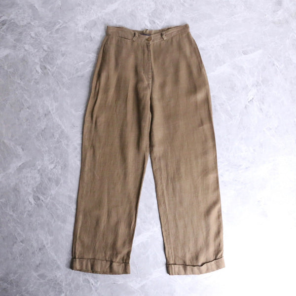 brown linen no-tuck trousers