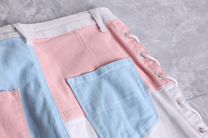 pastel color patchwork pattern lace-up pants