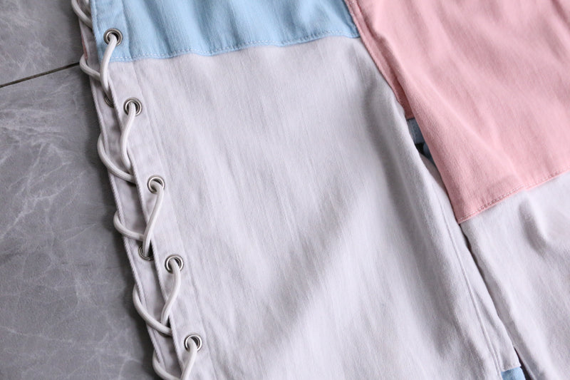 pastel color patchwork pattern lace-up pants