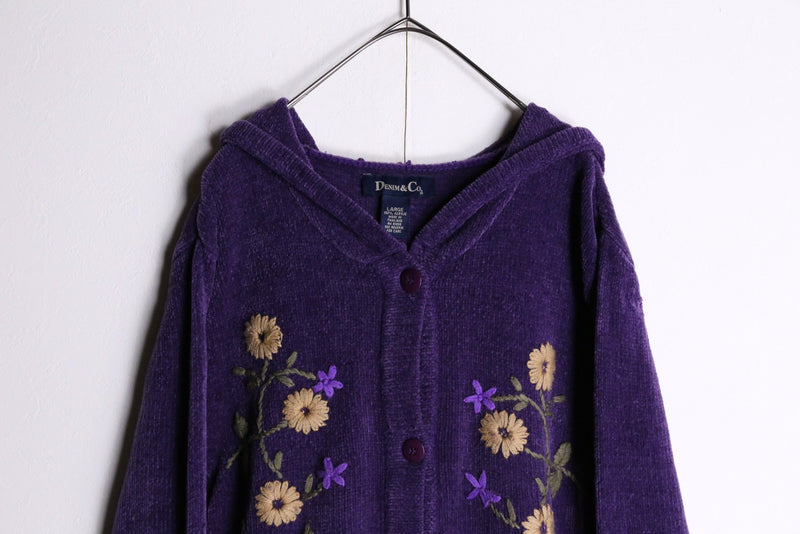 “DENIM &CO”purple flower embroidery hoodie cardigan