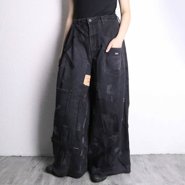 "Re:make" damage&patch extra buggy black denim