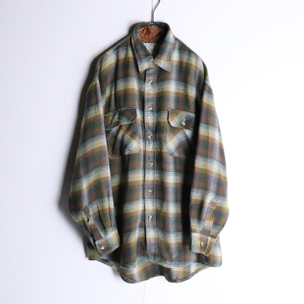olive check pattern button flannel shirt