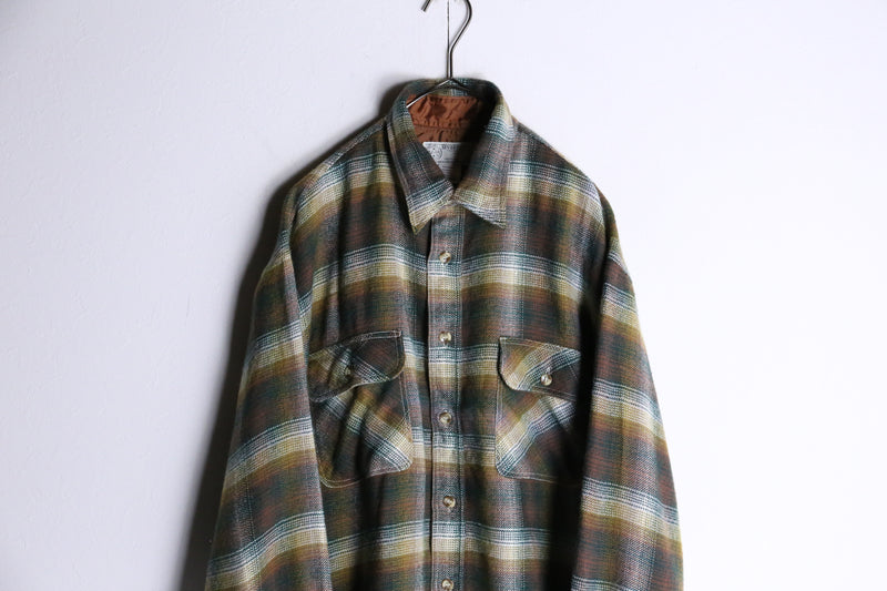 olive check pattern button flannel shirt