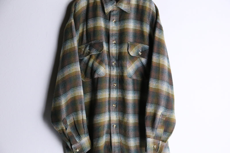 olive check pattern button flannel shirt