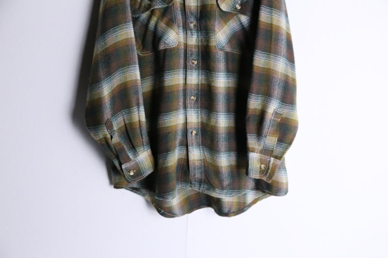 olive check pattern button flannel shirt