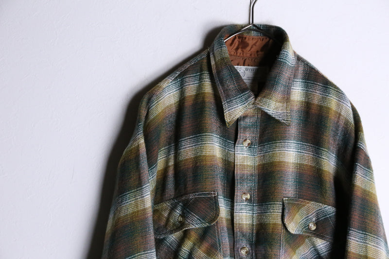 olive check pattern button flannel shirt