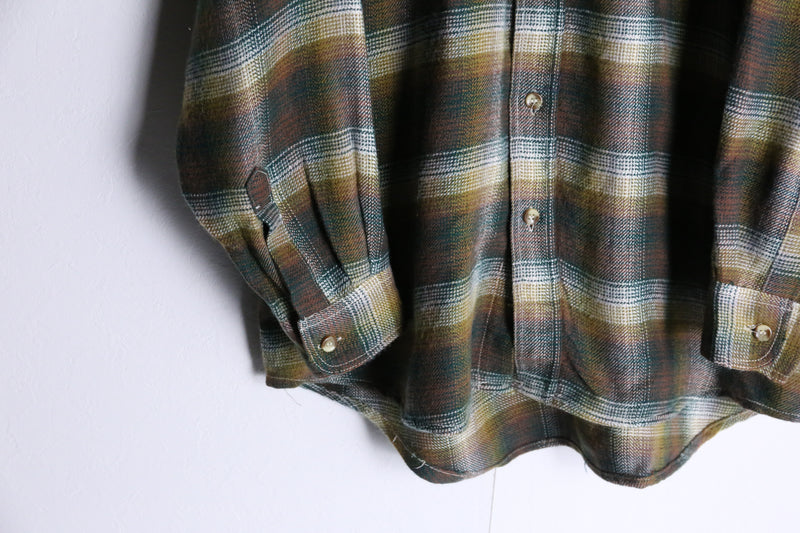 olive check pattern button flannel shirt