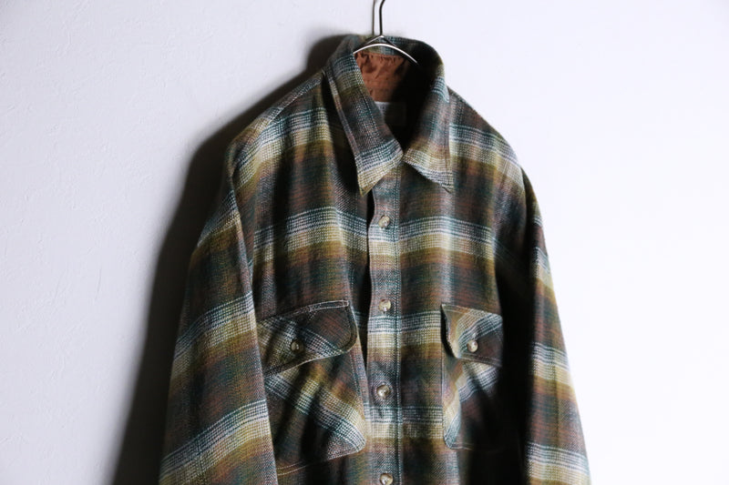 olive check pattern button flannel shirt